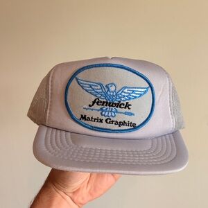 Vintage FENWICK MATRIX GRAPHITE trucker hat patch grey silver mesh snapback